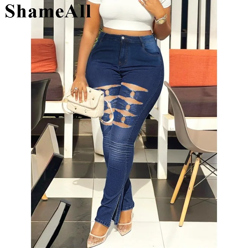 

Plus Size Side Split Ring Stiching Jeans 4XL 5XL Women Sexy Party Club Slim Fit Stretchy Ripped Hollow out Pencil Denim Pants