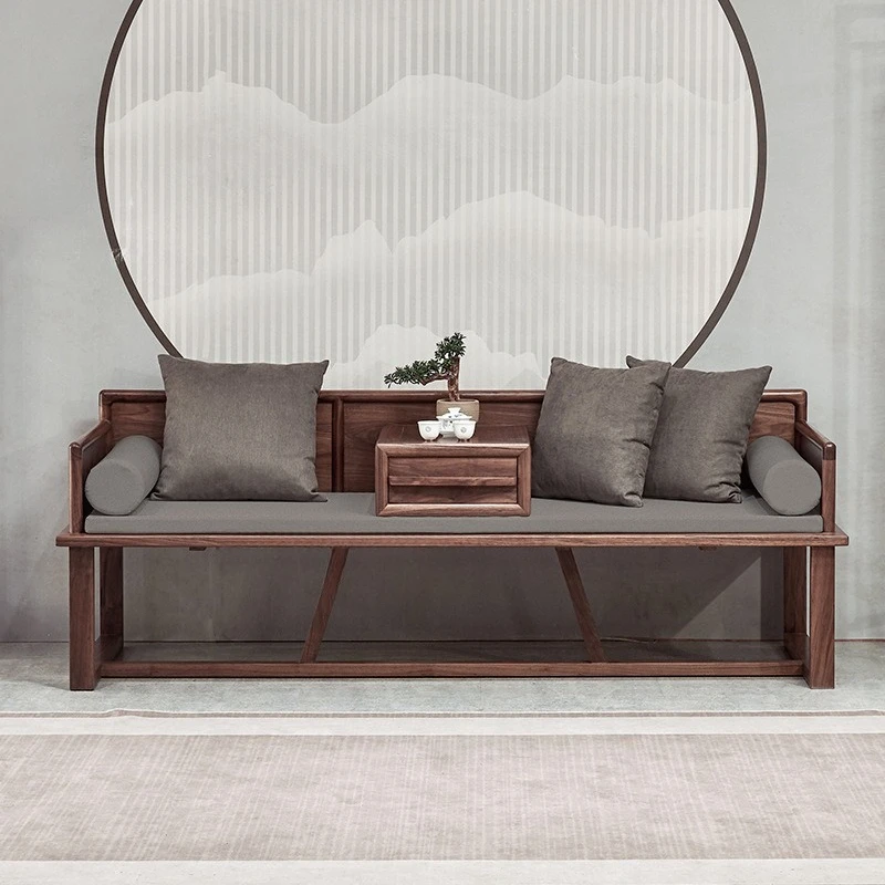 Solid wood sofa couch living room modern elm chaise longue couch