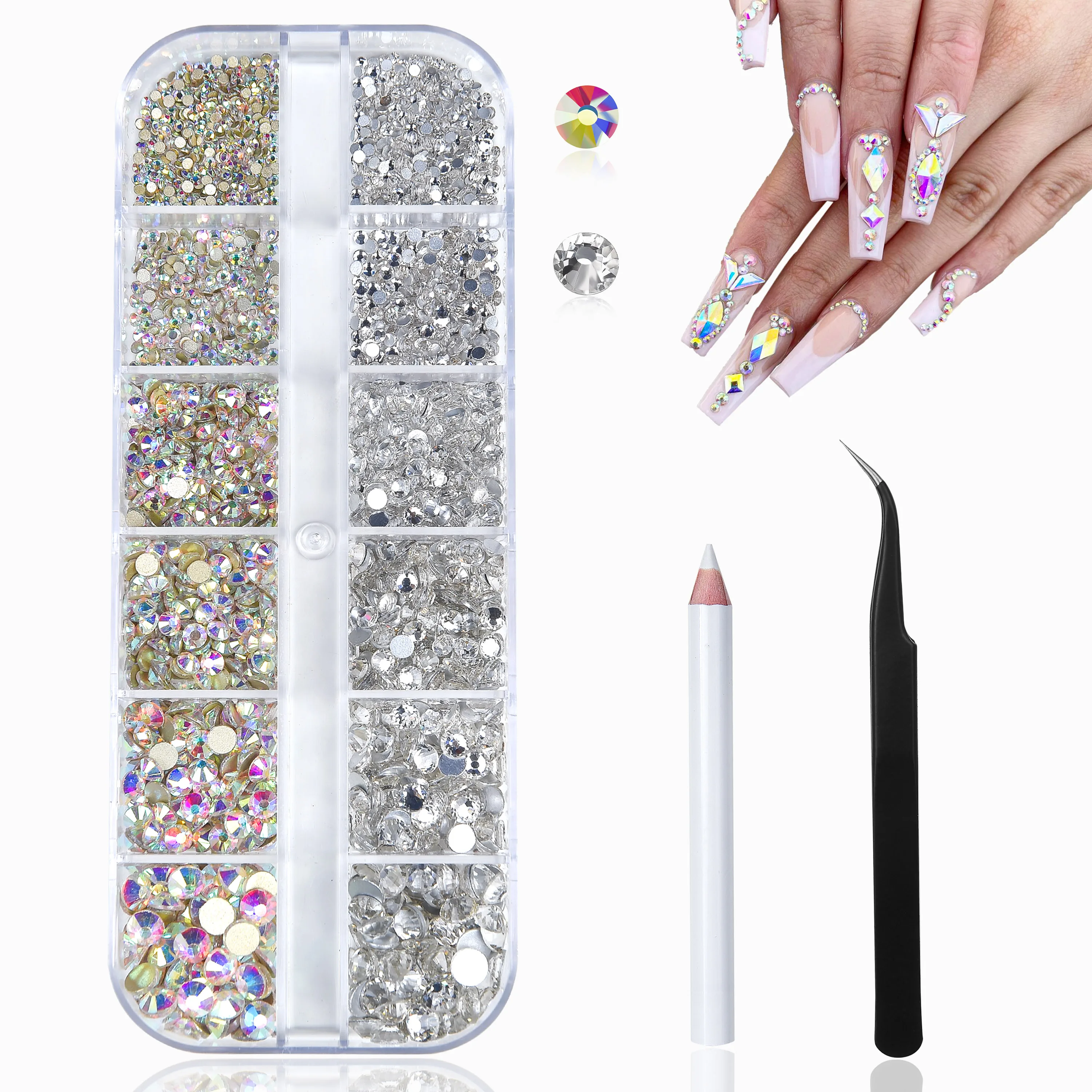 

Nail Art Rhinestones Kit HUETFAT 2400pcs Nail Gems Ab Flatback Rhinestones Gems Stones, 6 Sizes (1.5-4.5 mm)