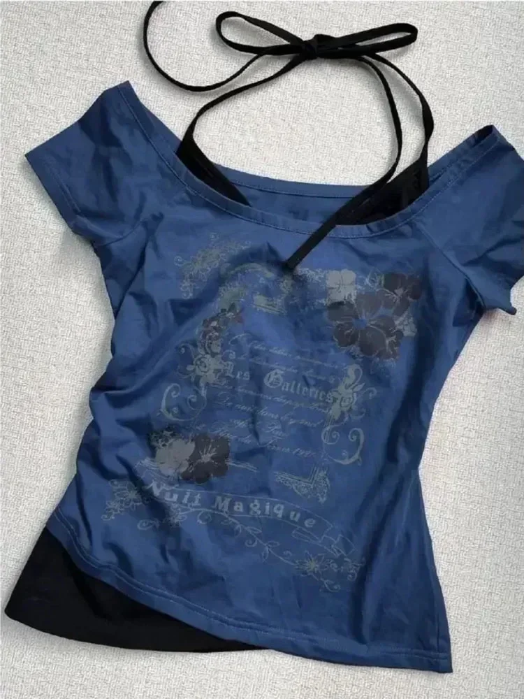 2026 Sommer Vintage Fake Two-Piece Neckholder-T-Shirt mit Schnürung, Y2K Slim Fit Print-Oberteil für Damen, schulterfreies Kurzarm-T-Shirt – Detail 3