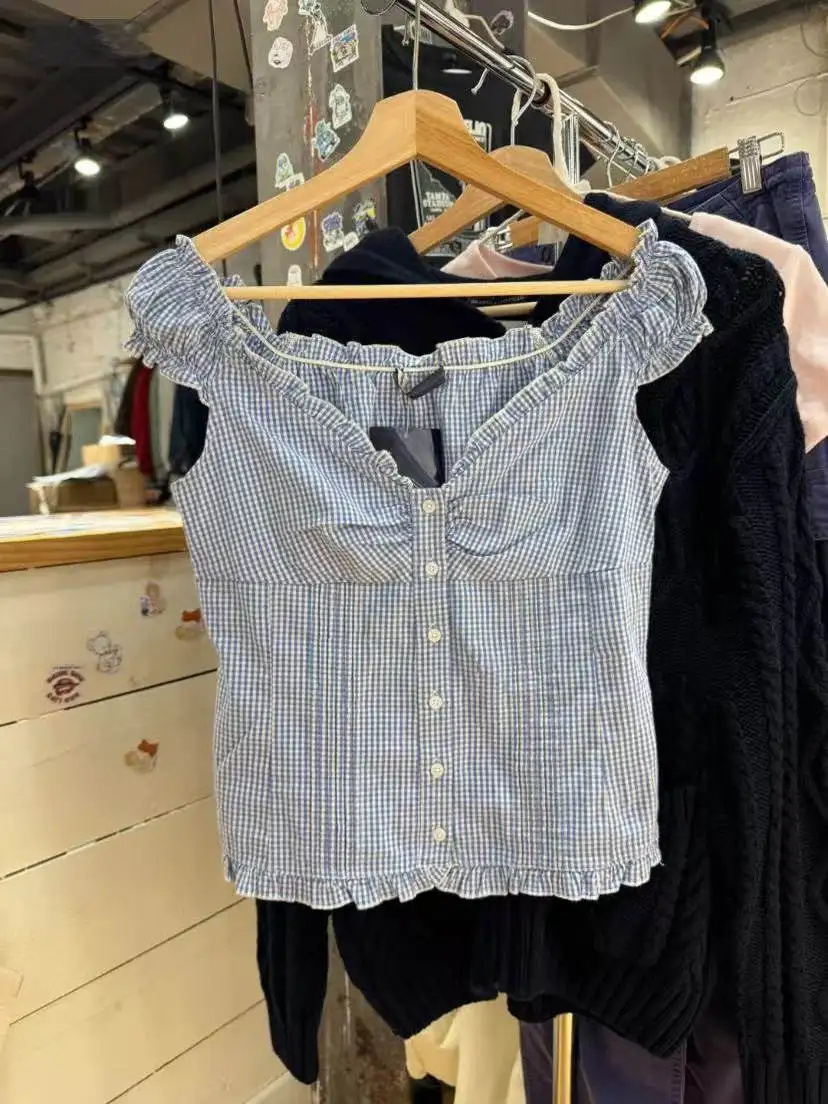 

Синяя клетчатая женская милая кружевная хлопковая футболка на одной пуговице, летняя повседневная милая футболка с v-образным вырезом стандартной длины