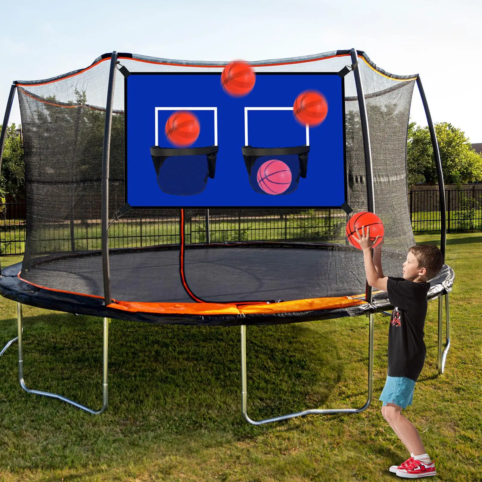 

Trampoline Basketball Hoop Portable Basketball Goal Trampoline Hoop Waterproof Net Attachment with Balls & Pump Kids Sports Toys