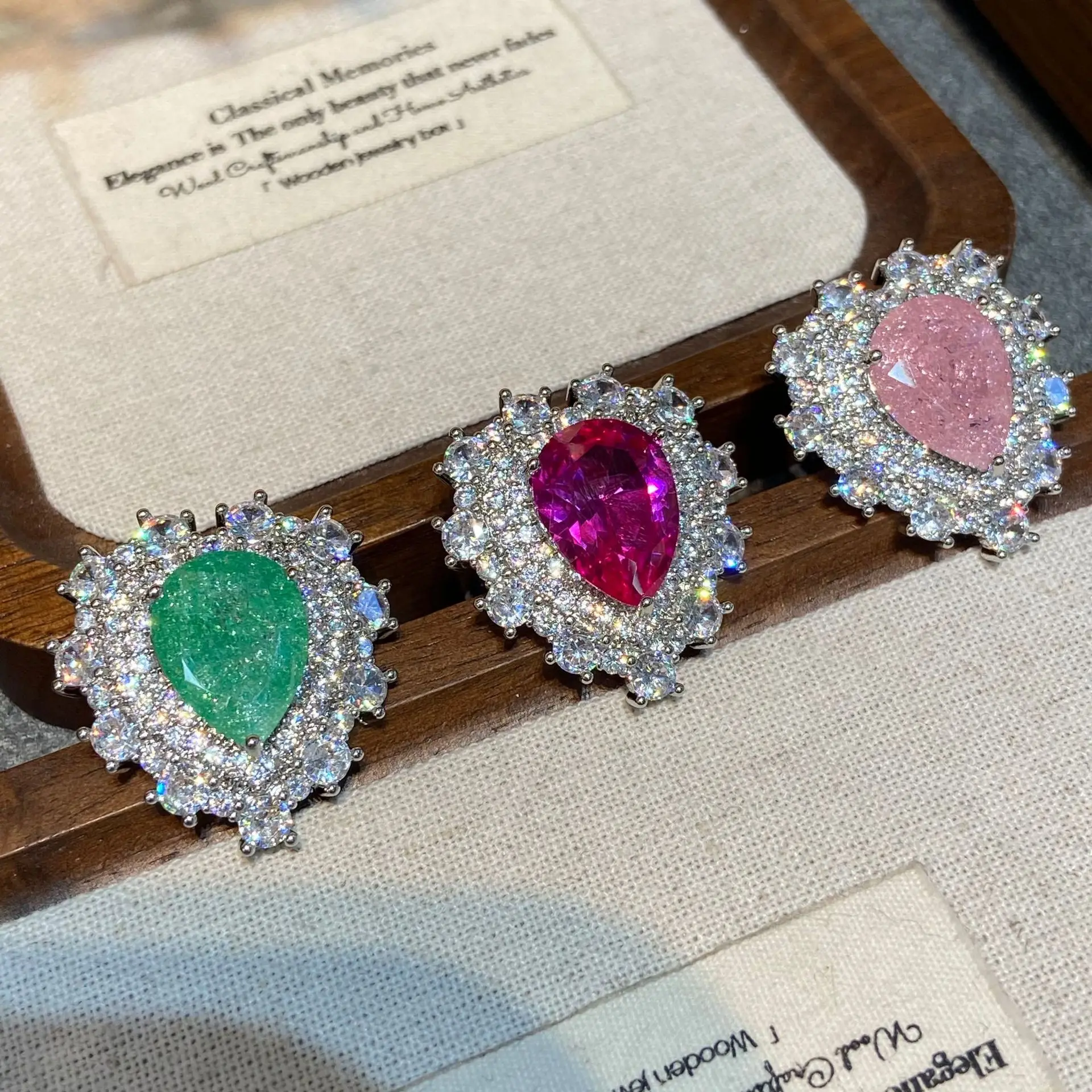shiny zirconia heart ring for women green pink fushia heart tear drop opening ring elegant sweet jewelry