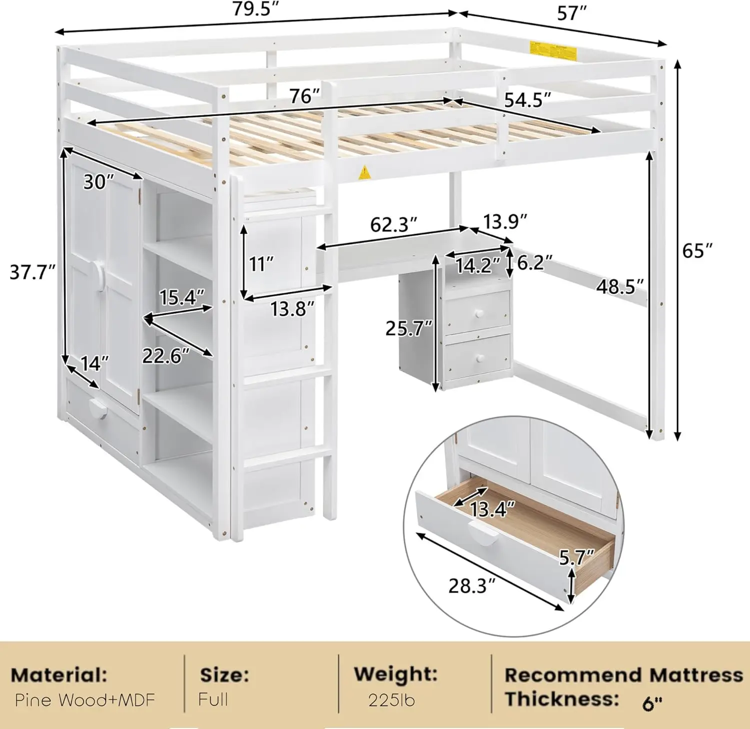 Full Size Loft Bed with Wardrobe and Desk, Wood Loft Bed Frame with Storage Shelves and Drawers for Adults Teens and Kids