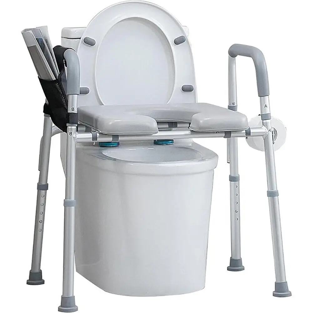

Raised Toilet Seat with Armrests Storage Bag, Adjustable Height Padded Seat Elevated Toilet Risers For Elderly Disabled Handicap