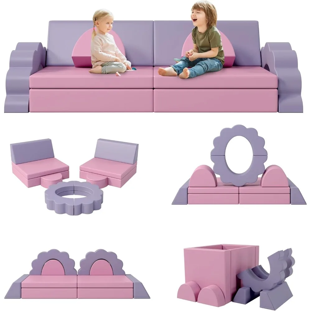 10PCS Modular Kids Play Couch, Baby Climbing and Crawl Foam Play Set, Foam Climbing Blocks Convertible Sofa (Pink)