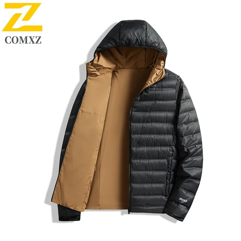 COMXZ Men Down Jacket High Quality 90 Percent Duck Down Skiing Warm Coat Fashion Zipper Design Hooded Sport Winter Puffer Coat