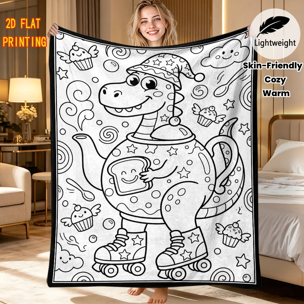 Kids Coloring Throw Blanket Cute Dinosaur Teapot Cupcake Cartoon Sketch Graphic Print Soft Flannel Living Room Couch Decor Gift