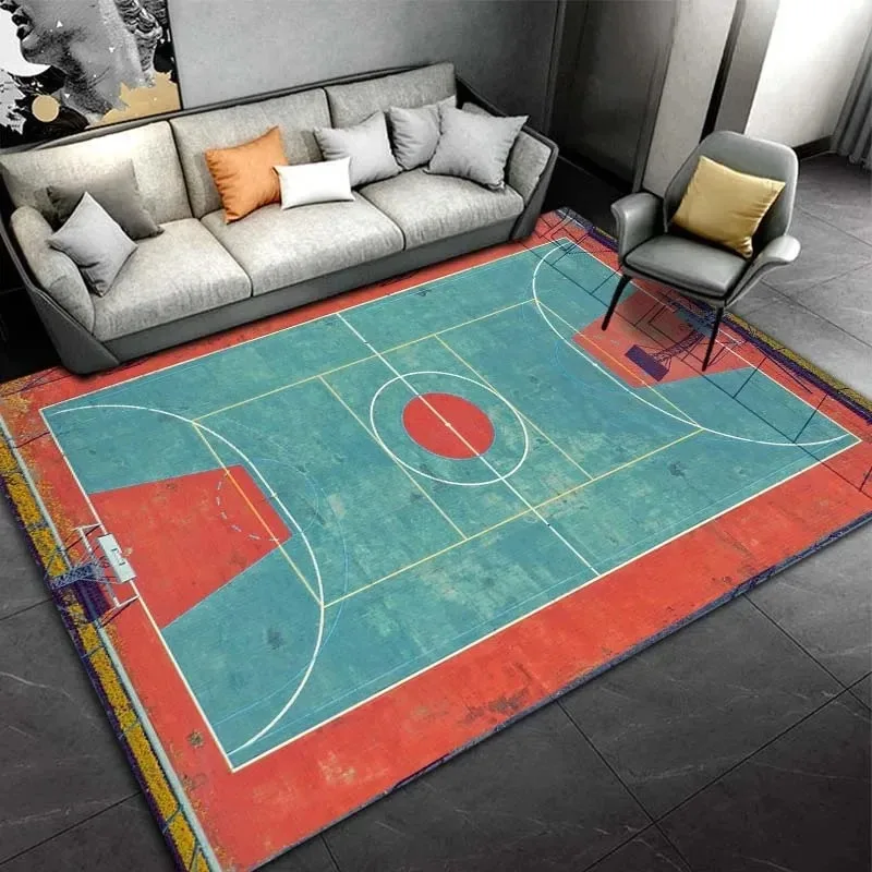 Basketball Court Design Carpet Blue Orange Red Color Non Slip Floor Mat for Sports Theme Room Home Decor Rug