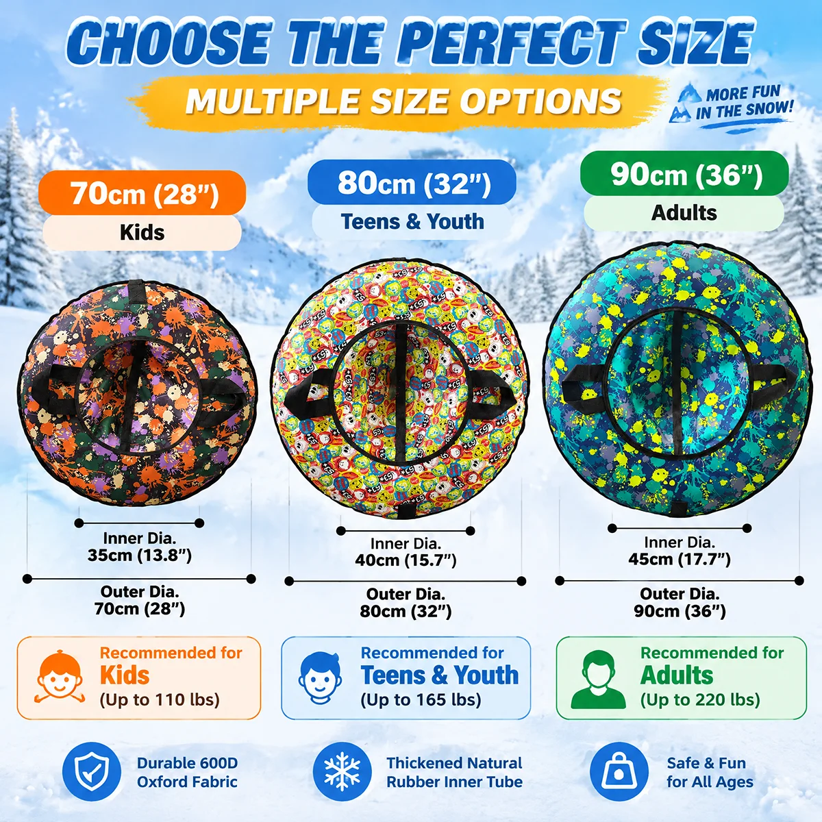 PVC Inflatable Ski Ring Snow Tube With Fabric Cover Handles Wear Resistant Winter Outdoor Sledding Tube For Teens And Adults