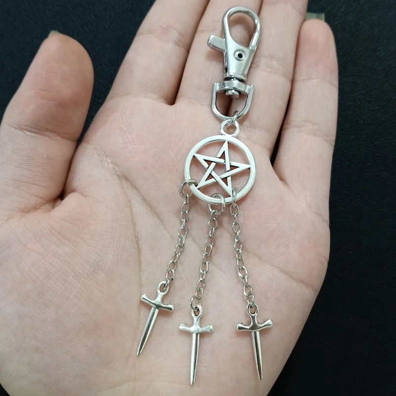 MOON PRIESTESS,crescent moon Keychain,inverted pentagram rotating keychain,upside down moon,occult,goth,gothic,satanic symbols