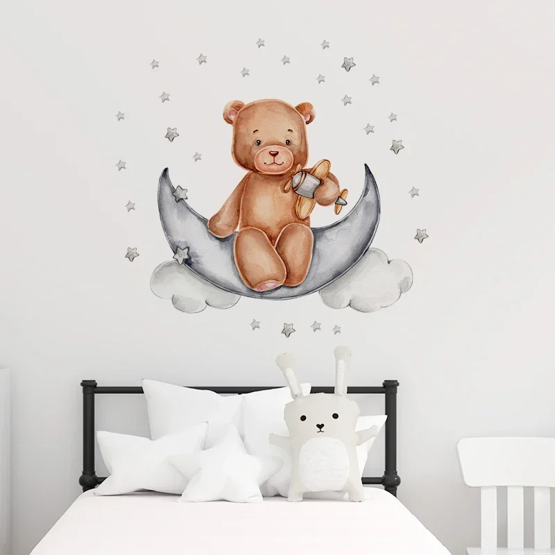 Cute Teddy Bear with Toy Moon Stars Wall Stickers Wall Art Decal Decoration Baby Nursery kids Room Removable Decorative Stickers