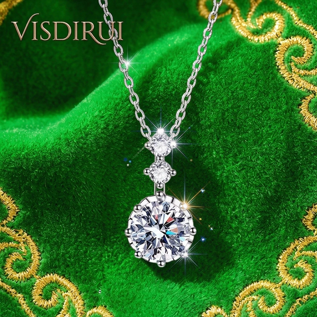 

VISDIRUI 1ct Trilogy Moissanite Pendant Necklace S925 Silver D Color VVS1 Round Cut O Chain Fine Jewelry Anniversary Gift Women