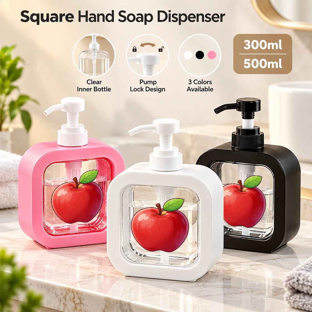 1PC Square Soap Dispenser, Pump Bottle, Red Apple Print, Refillable Hand Soap/Lotion/Shampoo for Bathroom/Kitchen