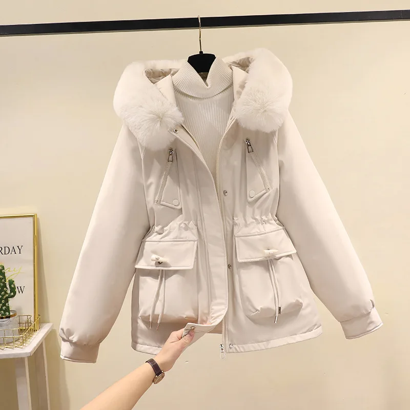 Women's Autumn Winter Top Coat Cotton Coat Fur Collar Thickened Fleece Lining Comfortable Casual Design Niche Versatile Skinny