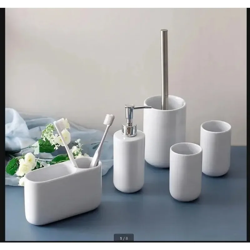 White Ceramic Bathroom Toiletries Lotion Bottle Mouth Cup Toothbrush Holder Toilet Brush Wash 5-piece Set Accessories
