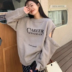 Rimocy Korean Fashion Hollow Out Long Sleeve Women 2024 Letter Printing Y2K Punk Jumper Woman Round Neck Loose Knitted Pullover