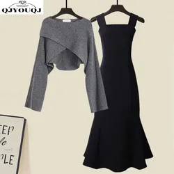 Advanced Spring and Autumn Clothing Set Korean Edition Unique Cross Knitted Cardigan Sweater Waist Wrap Dress Two Piece Set