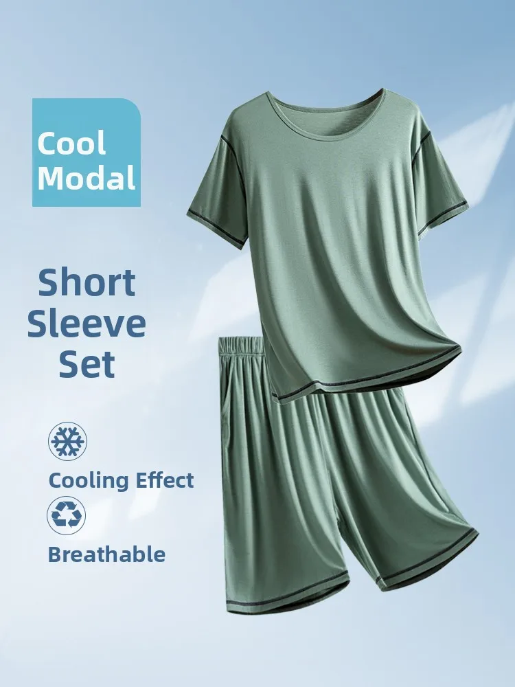 

Modal Men's Sleepwear Short Sleeve round Neck Sporty Thin Home Clothes Summer Set including Sleep Pants And T-Shirt for Outdoor