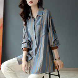 Fashion Lapel Button Spliced Pockets All-match Striped Shirt Women Clothing 2023 Spring New Oversized Casual Tops Korean Blouse