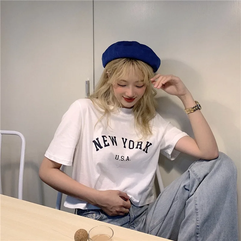 Korte top met letterprint Dames Zomer Slim-fit T-shirt met korte mouwen Dames Ins