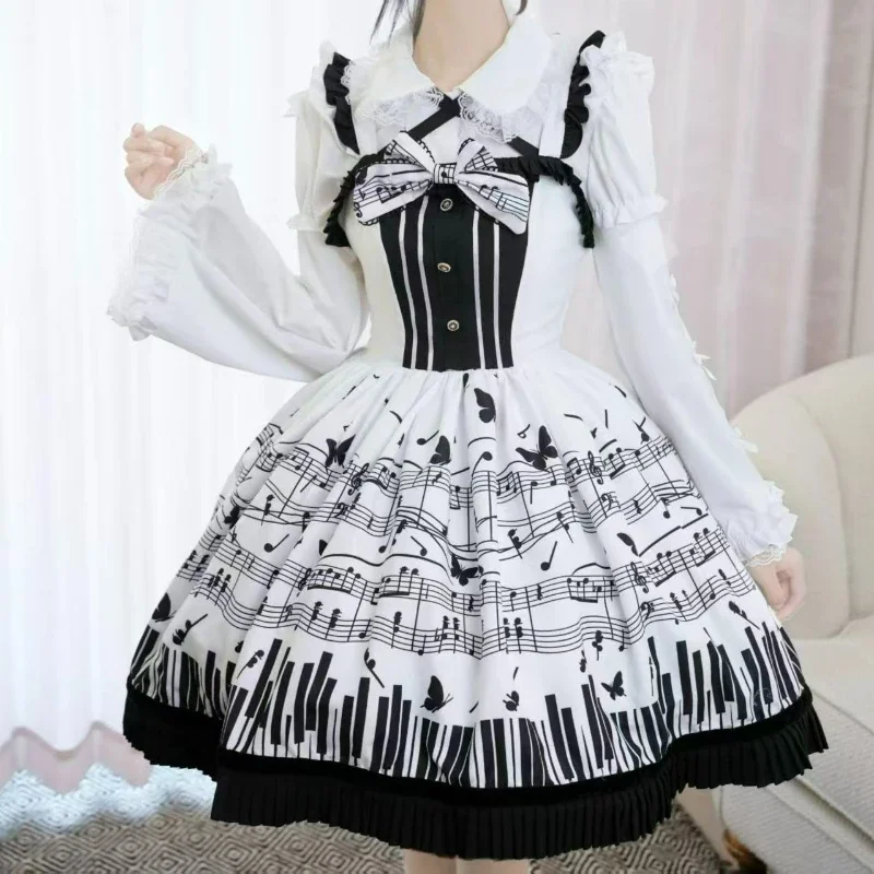 IMU Japanese Retro Dark Lolita Jsk Dress Women Sweet Piano Keys Musical Note Print Bow Princess Dresses Victorian Gothic Party D