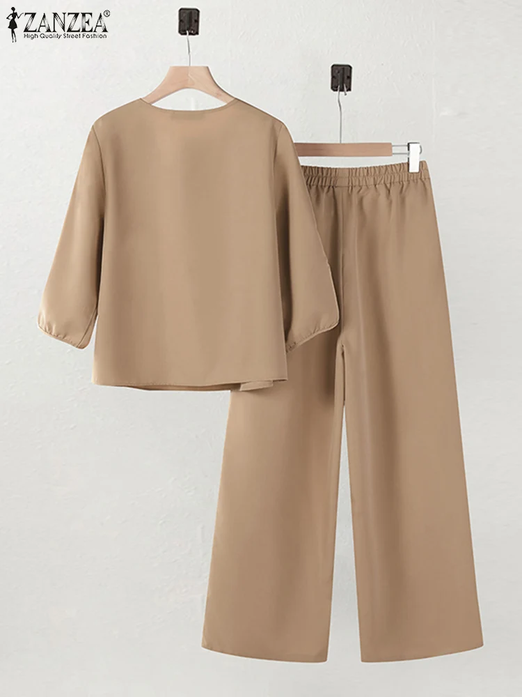 ZANZEA-trajes de pantalones de otoño para mujer, conjuntos holgados a juego con cuello en V, blusa bordada de manga 3/4, pantalones, trajes de 2 uds, chándal informal