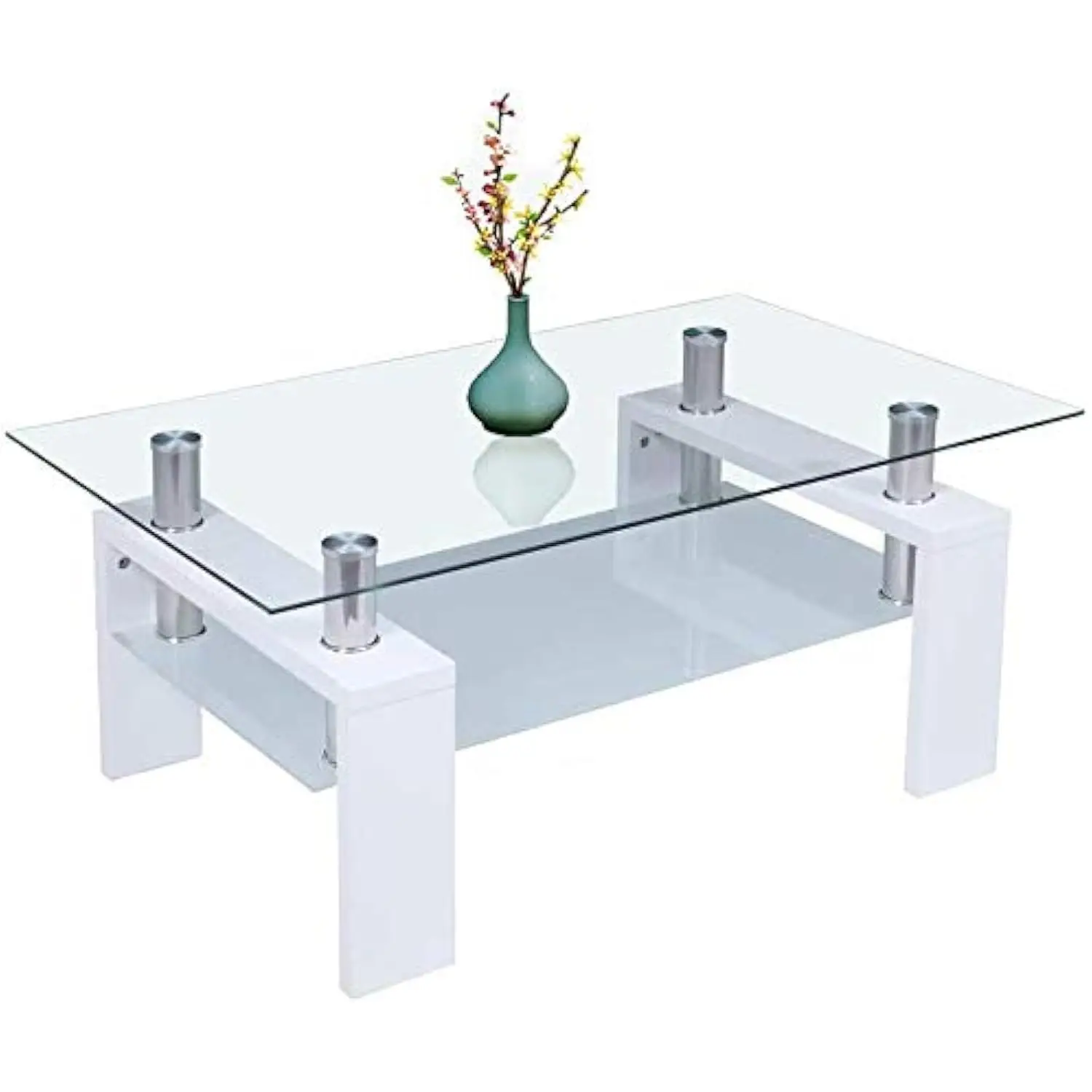 

Rectangle Glass Coffee Table,Modern Side Coffee Table with Lower Shelf Wooden Legs Suit for Living Room Furniture (White, top G