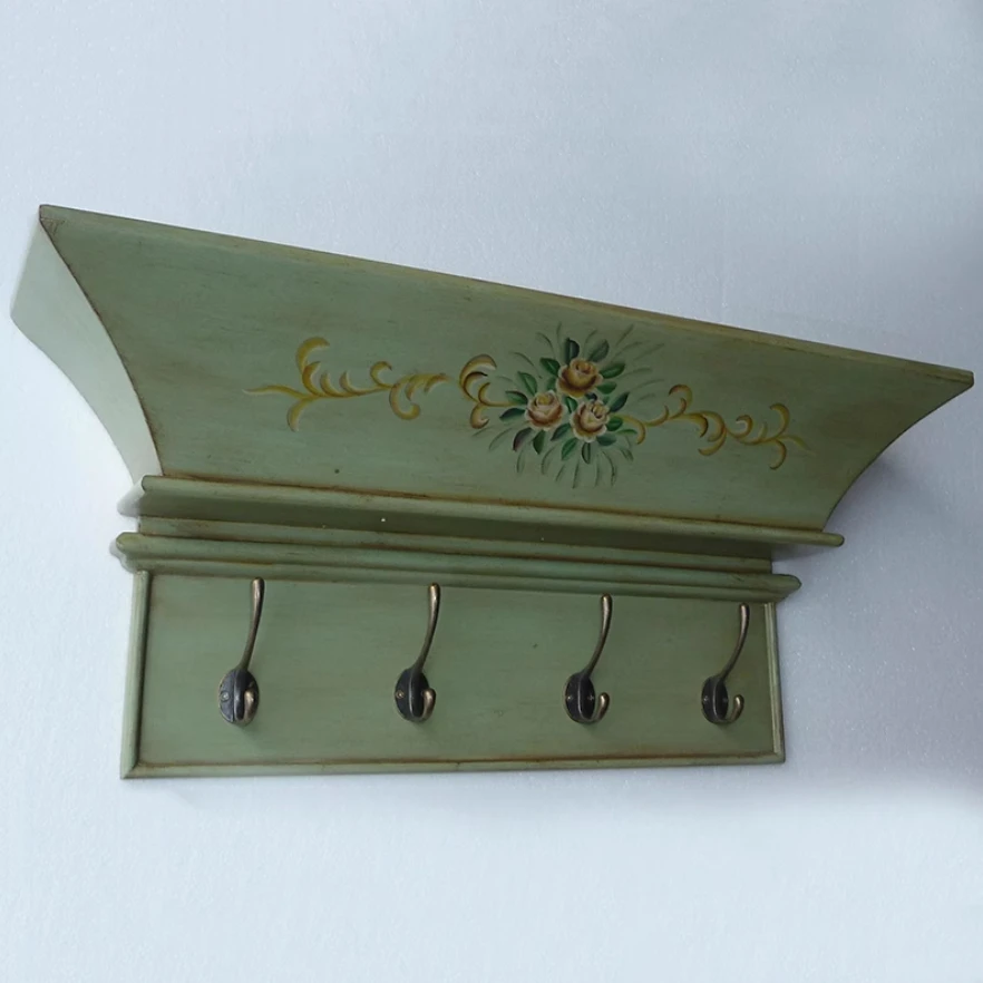 Vintage Retro Hand Paint Wood Wall Decor Floating Mantle Shelf and Coat Hooks