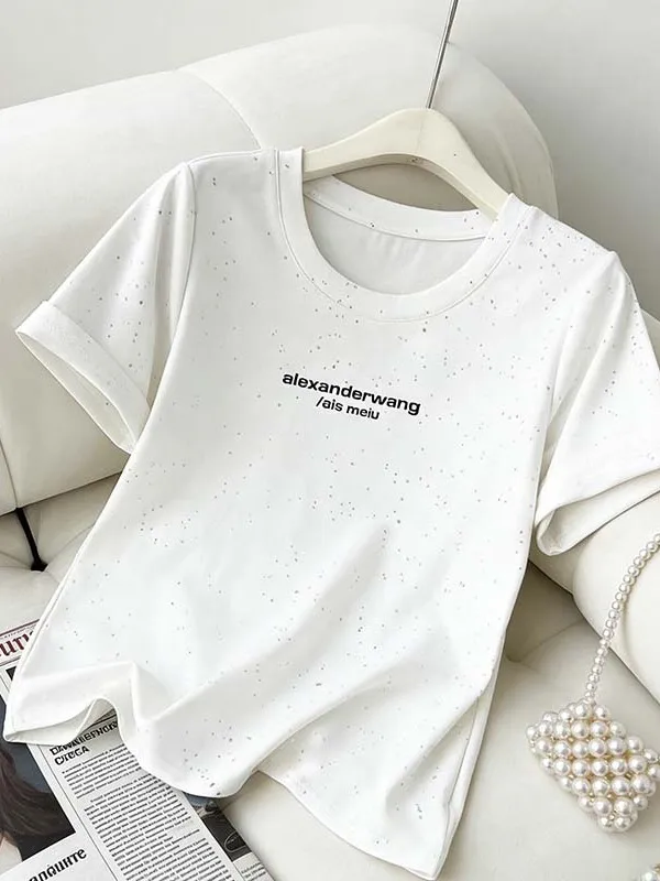 

Shiny Letter Print Short Sleeve T-Shirt plus Size Women's Fashionable Summer Clothing Commute Style Korean Version Pear Body ...