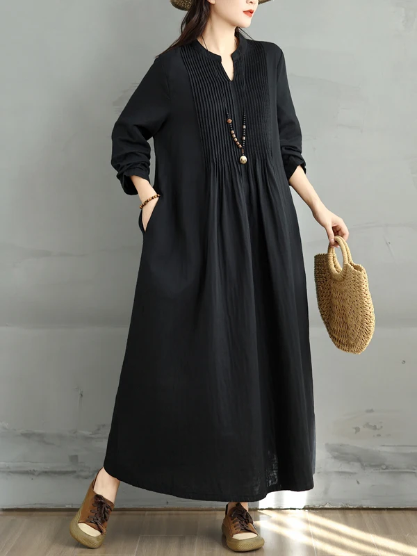 Vestido longo artístico retrô de manga crida para mulheres, outono, cintura alta, saia em linha A, dupla camada de gaze, c...