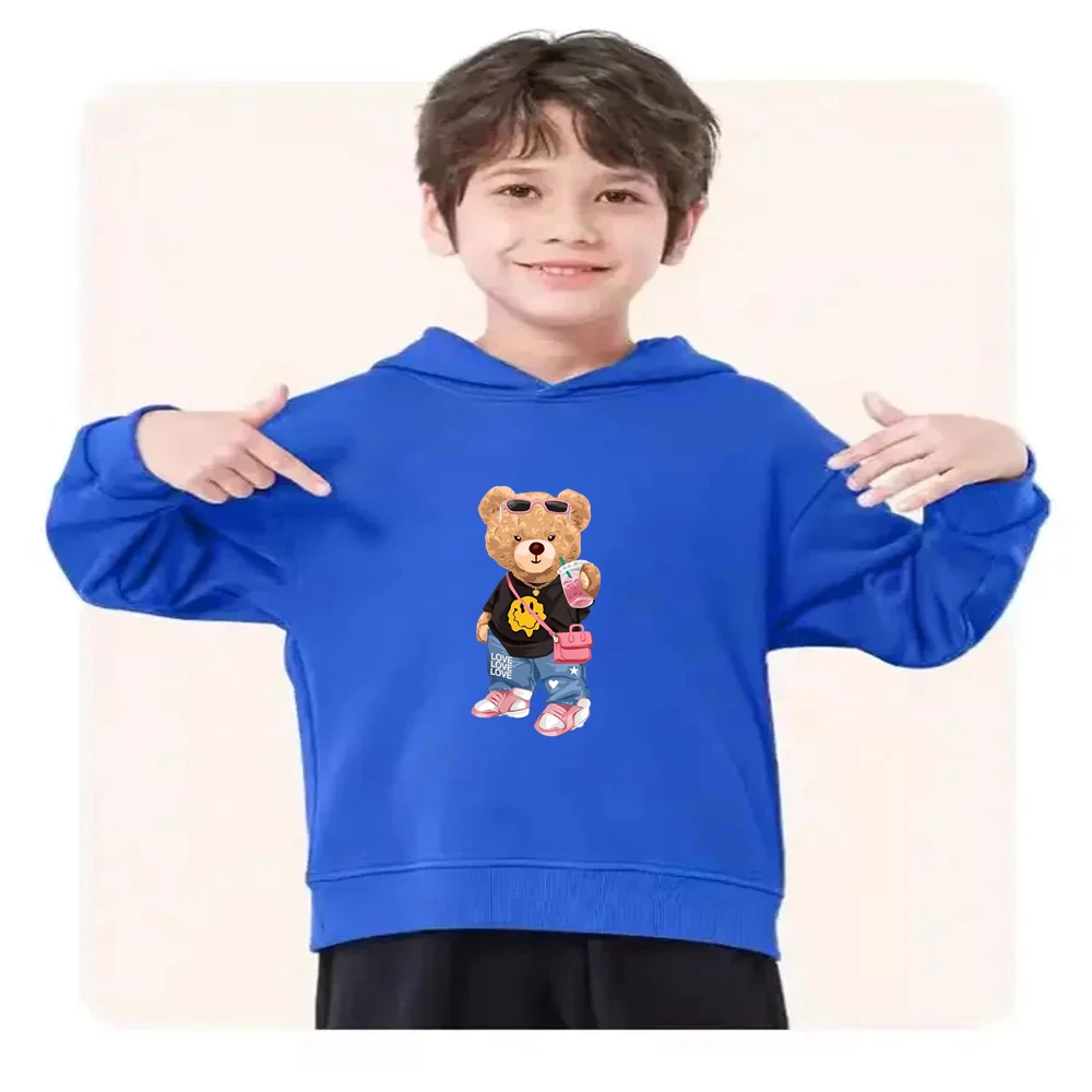 أسود موضة الدب طباعة الأطفال هوديس القمم + أسفل صبي الفتيات معطف الخريف عادية توادل Sweatshirr الطفل 3-12 سنة الملابس #4
