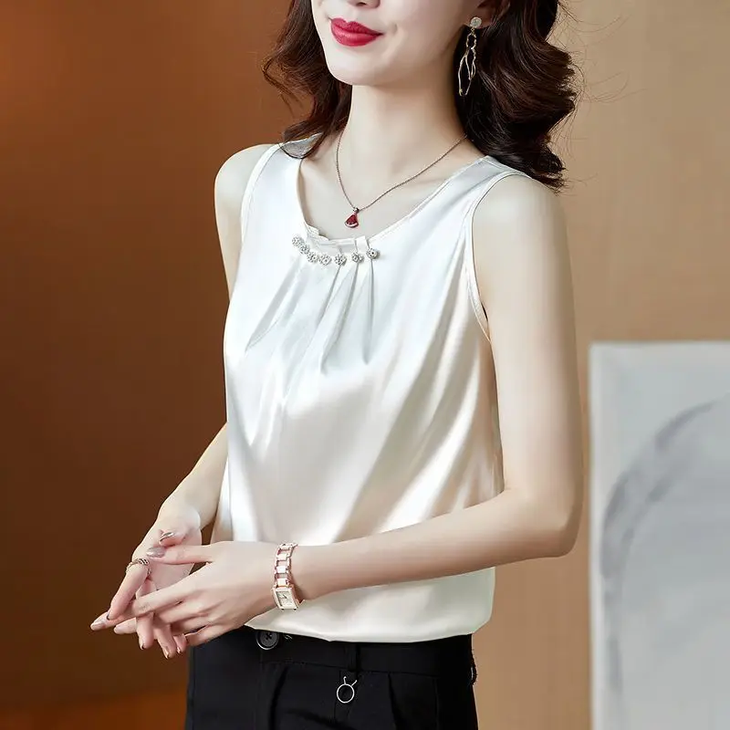 2026 Women's Beaded Camisole French Style Sleeveless Top For Summer Elegant Layering Piece With Blazers Versatile Vest