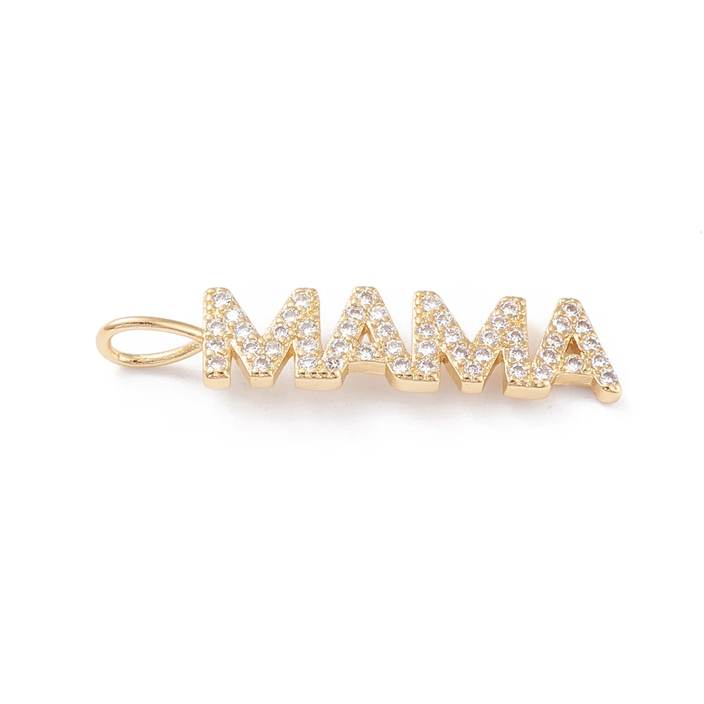 10pcs Word MAMA Brass Micro Pave Clear Cubic Zirconia Pendants Real 18K Gold Plated for Necklace Bracelet Jewelry Making Gift