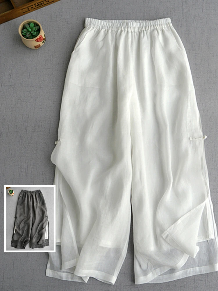 

Широкие брюки с высокой талией и пуговицами в стиле ретро, двухслойные повседневные длинные брюки прямого кроя с разрезом для женщин больших размеров