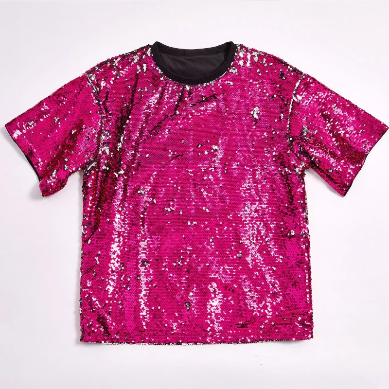 

Многоцветная флип-цветная футболка с короткими рукавами и пайетками для мужчин и женщин 2025 года, модный пуловер с круглым вырезом для подиума