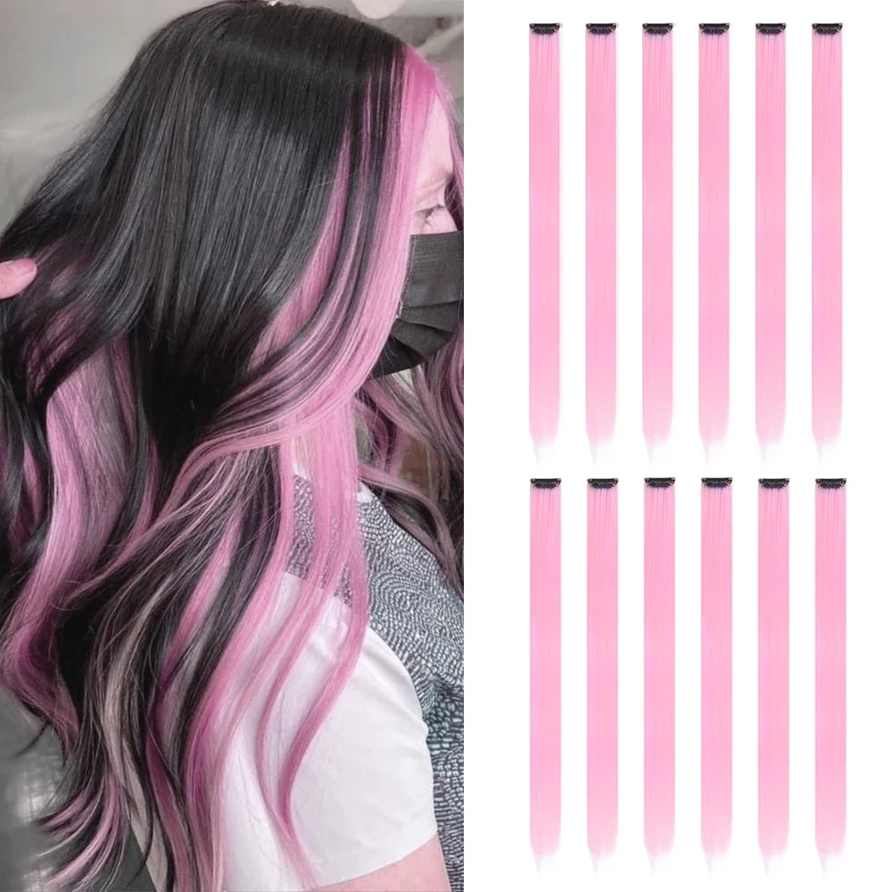 

22 дюйма, 12 шт./упак., цветные вечерние синтетические заколки для наращивания волос для девочек, разноцветные прямые волосы, синтетические шиньоны