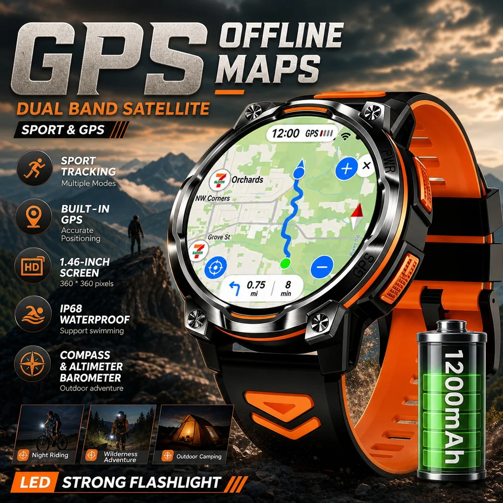 2026 New 1200mAh Battery GPS Offline Map Smart Watch Built in GPS Compass Altimeter AI-GPT IPX8 Waterproof Men Sports Smartwatch