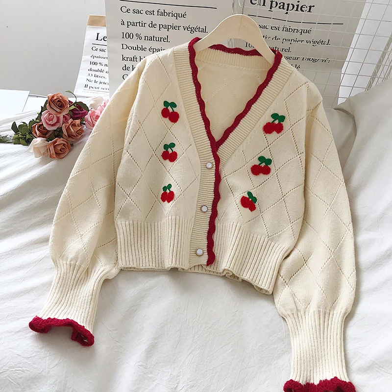 OCEANLOVE Embroidered Cardigans Knit Wear Sweet Puff Sleeve Short Mujer Chaqueta Autum Winter V Neck Cherry Sweaters Women 18958