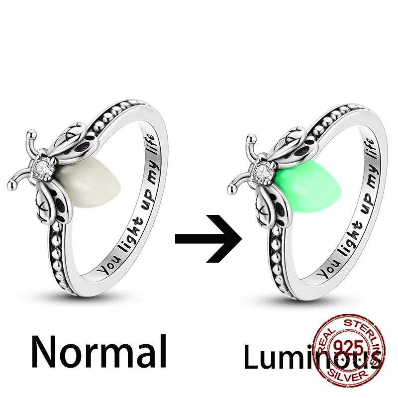 925 Sterling Silver Luminous Firefly Ring Glow-in-the-Dark Ring for Women Girls Daily Wear Birthday Valentine's Day Jewelry Gift