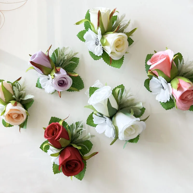 Boutonnière de fleurs de boutonnière de marié, boutonnière de corsage, bracelet de demoiselles d'honneur, épinglettes de faux injtrash, accessoires de mariage pour les invités