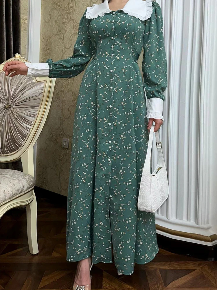 Eid Muslim Abaya for Women Vestidos Jalabiya Dress Flower Print Ramadan Morocco Dubai Abayas Robe Kaftan Islam Buttons Dresses