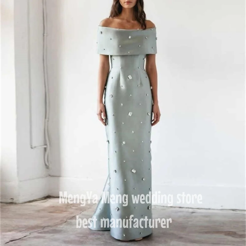 ZHUISHU Light Blue Off Shoulder Evening Dress Shiny Crystal Modest Women Customized Saudi Arabia Wedding Party Dress Prom Dress