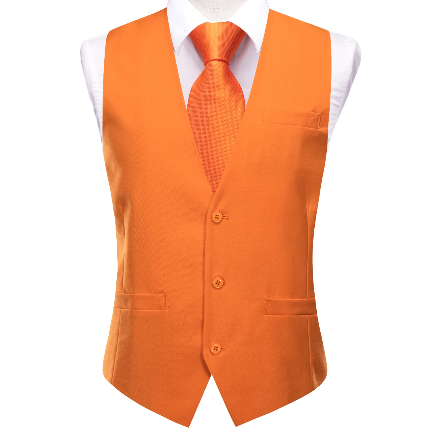 Nolvety Orange Mens Silk Vests Solid Waistcoat Neck Tie Hanky Cufflinks Brooch Sets for Male Suit Wedding Party Designer Hi-Tie