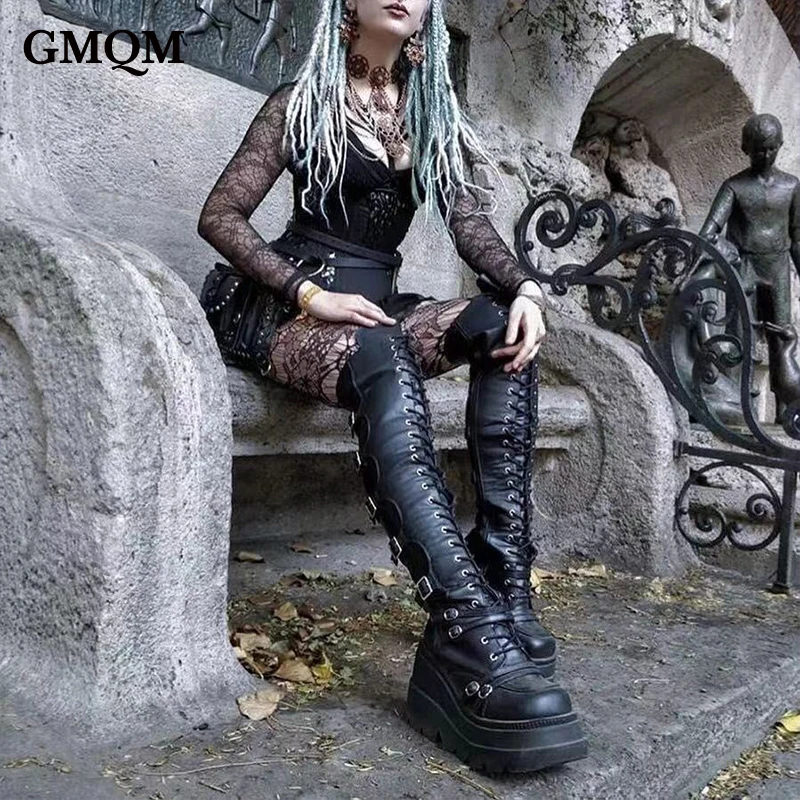 GMQM Platform Fashion Women‘s Over The Knee Boots New Platform High Heels Lace-Up Sexy Punk Style Long Boots Knee High Boots