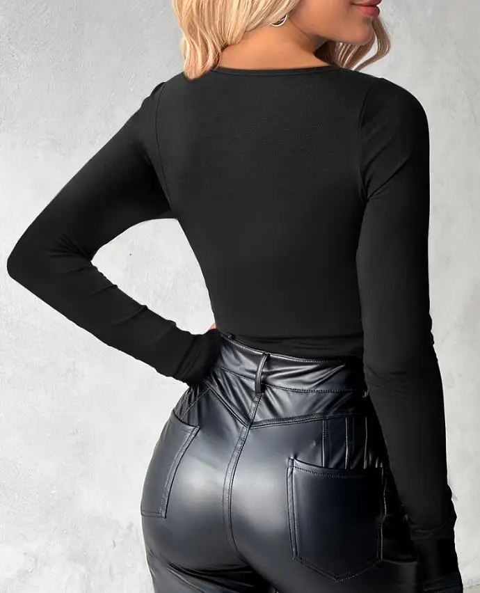 Camisa de manga larga de malla transparente con cuello en V y estampado floral Blusa ajustada informal Top