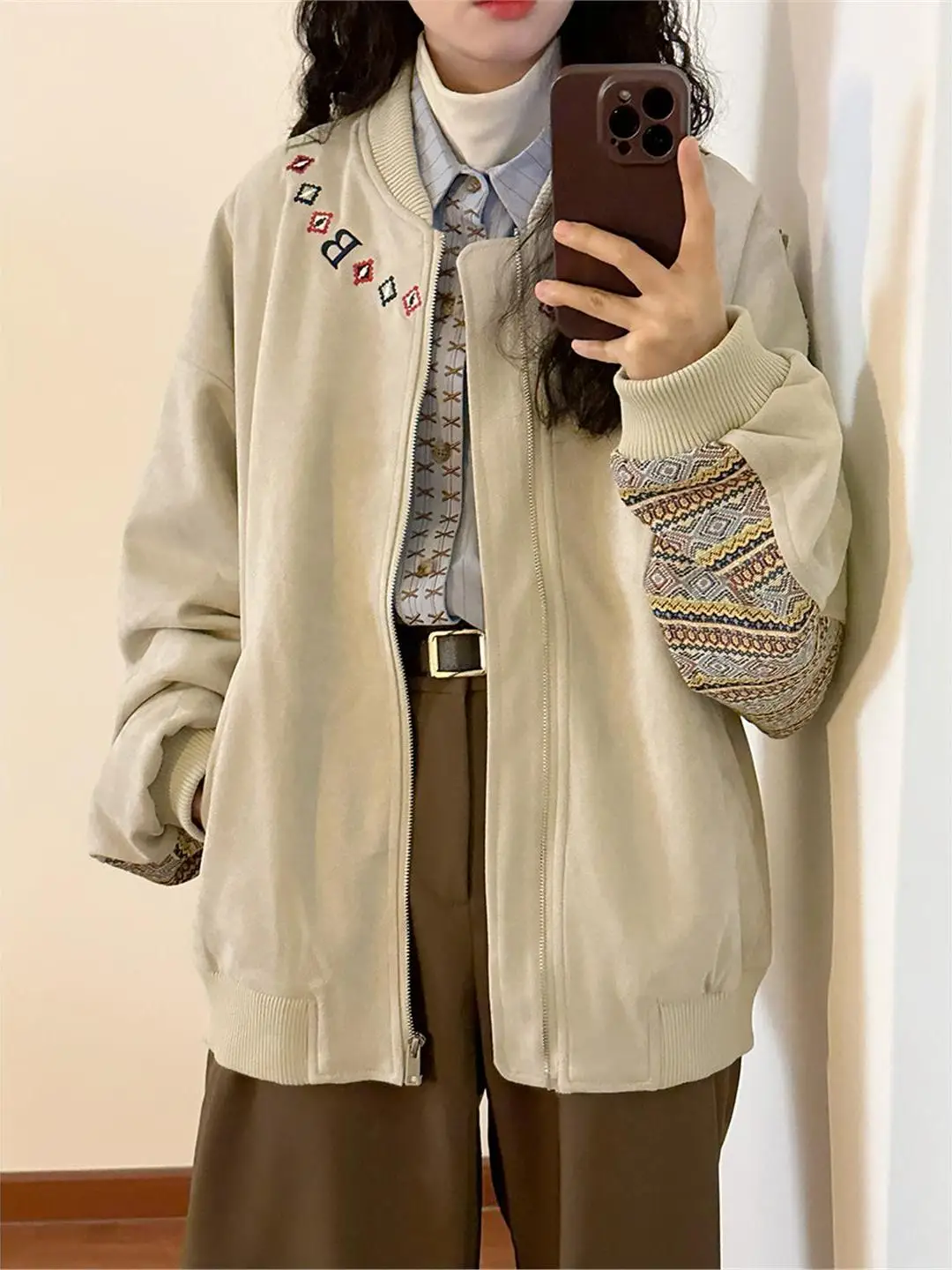 

Retro American Floral Patchwork Jaet Men's Women's Autumn High Street Trendy Brand Couple's Ethnic Sle Baseball orm