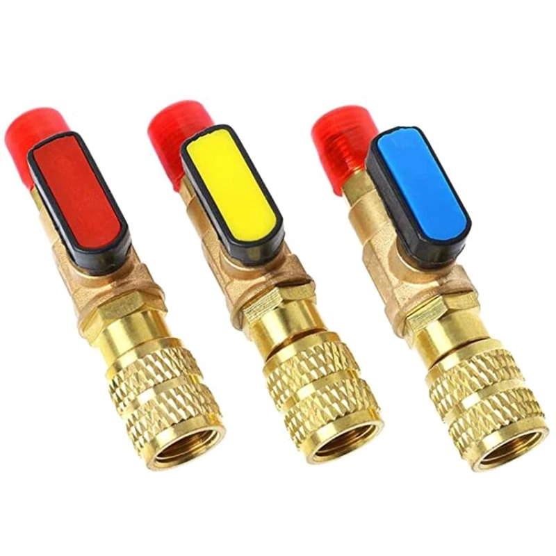 3Pcs/Set Brass R410A Refrigerant Straight Ball Valves AC Charging Hoses Brass