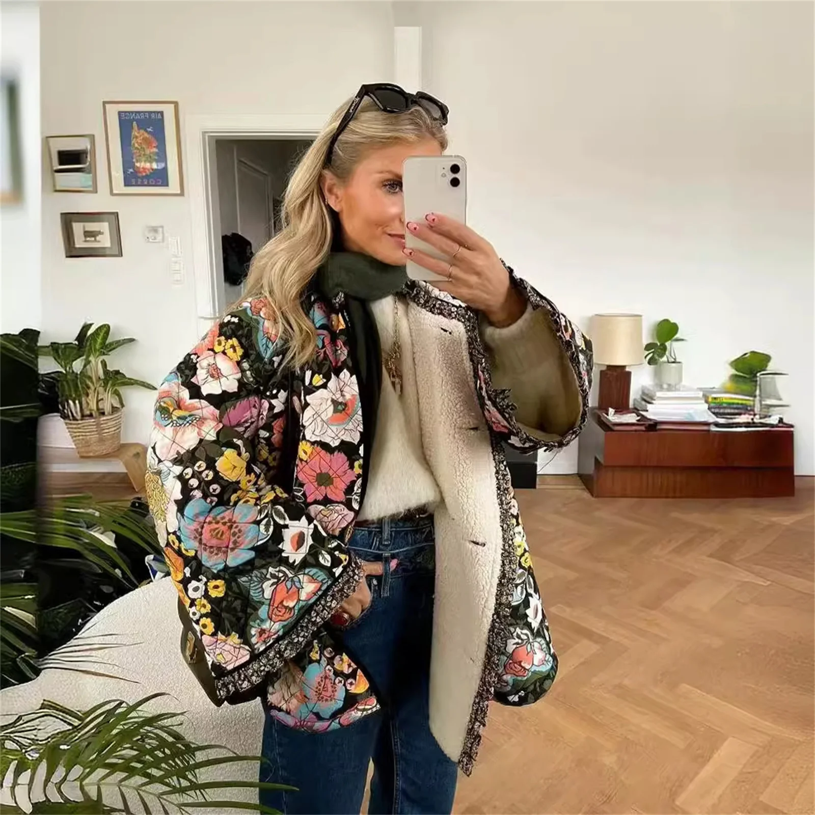 Hit Women's Ethnic-Print Fleece Jacket New For Autumn And Winter Fashionable Floral Comfortable And Loose Women's Outerwear