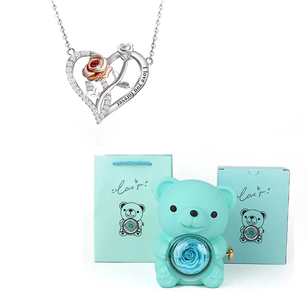Heart Zircon Pendant Necklaces With Cute Bear Rose Flower Luxury Gift Box 2024 New Christmas Party Romantic Jewelry